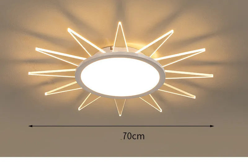 Modern circular aluminium LED ceiling lamp with remote control for dimmable lighting.