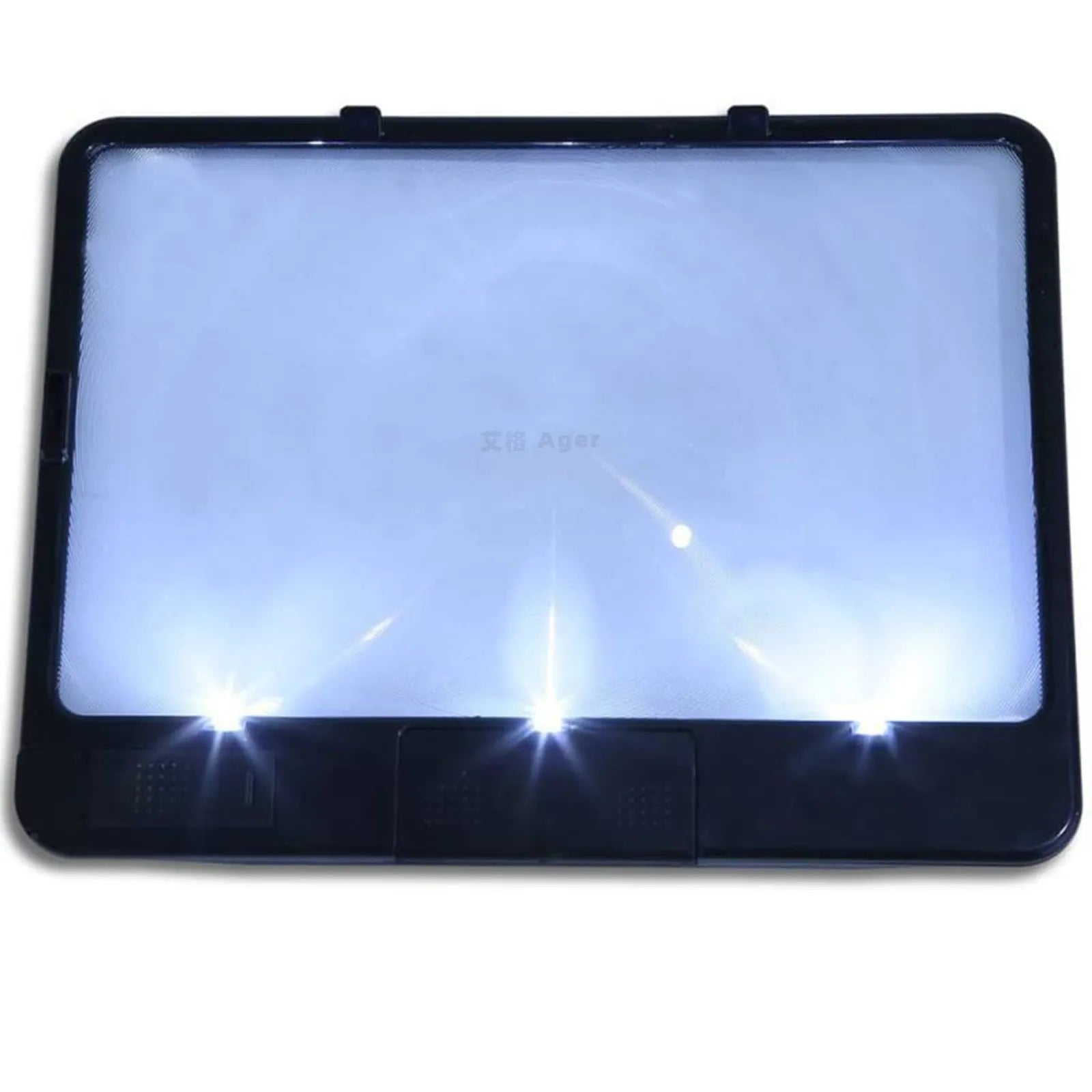 Black or white magnifying glass with integrated LED reading lamp, showing 180x140mm size and 3x magnification lens.