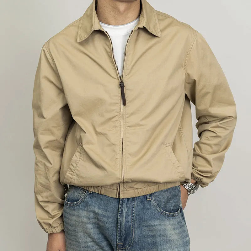 Classic khaki retro cadre collar zip thin jacket for men, loose fit, long sleeves, front view