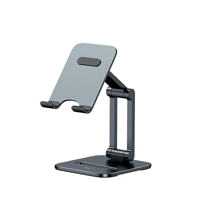 Deep space grey aluminium folding stand for a tablet and a mobile phone.