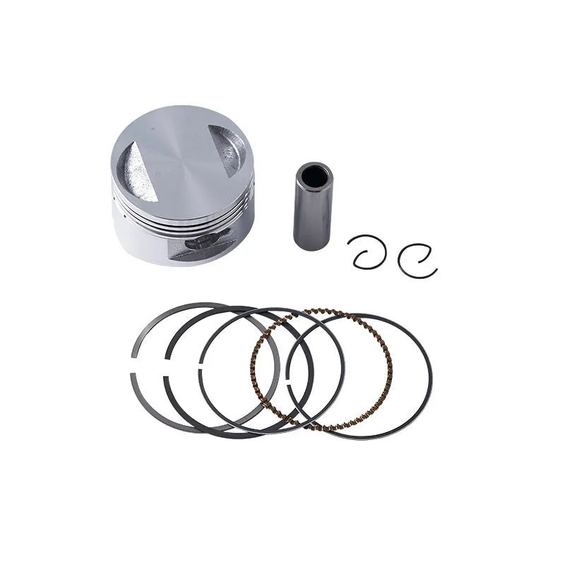 Motorcycle engine piston kit showing aluminium piston, rings, and pin for 57.4mm cylinder diameter