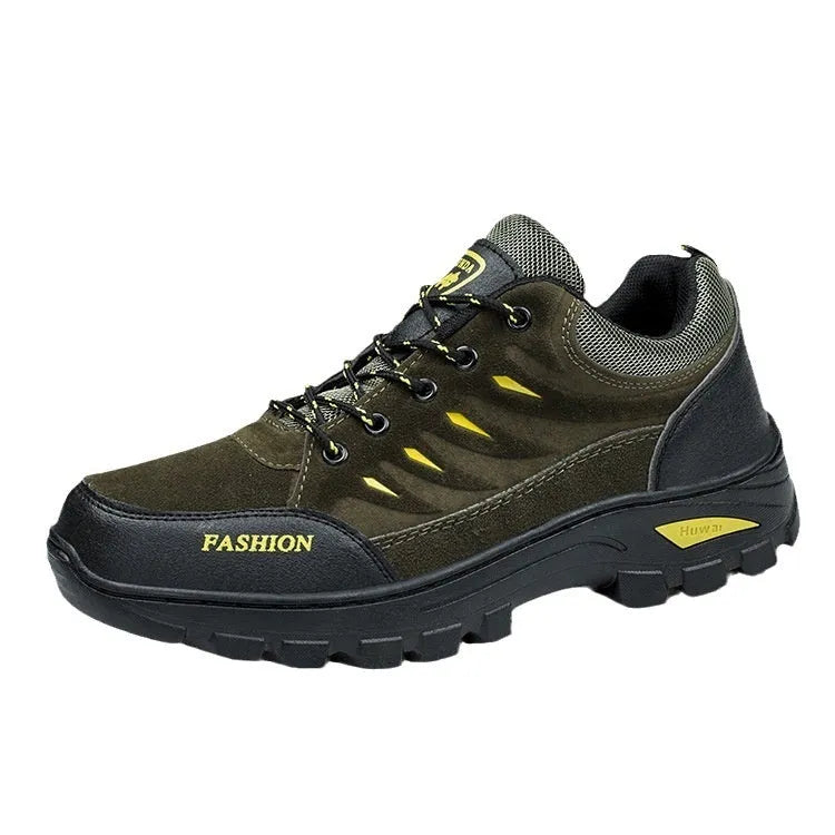 Men's green suede mid-top hiking shoes with rubber sole and lace-up front.