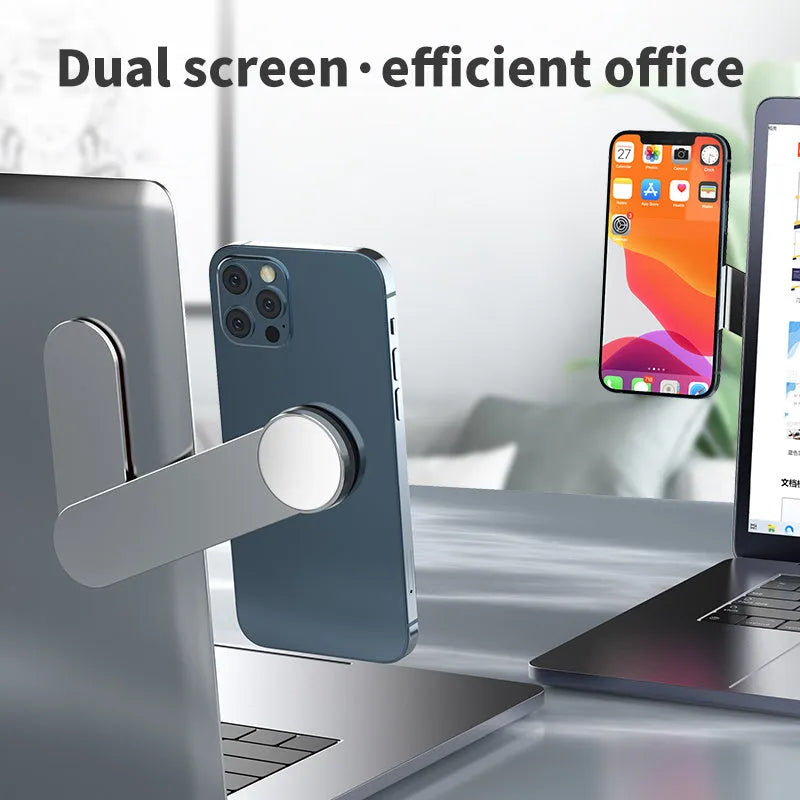 Silver aluminium alloy mobile phone and computer dual screen extension bracket with magnetic attachment on desk edge