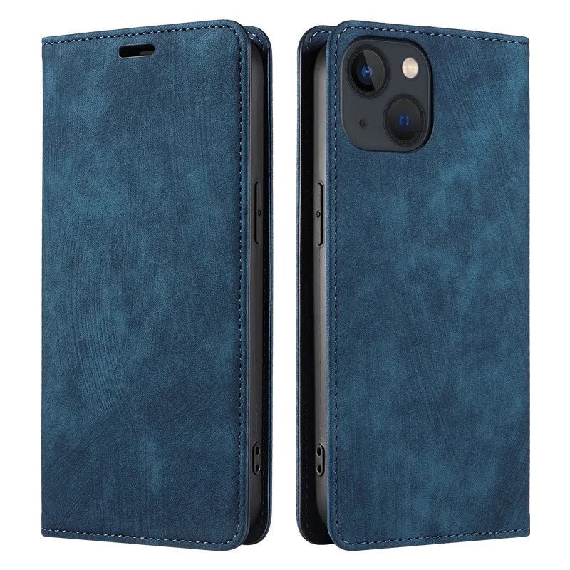 Magnetic flip phone case for iPhone in black, showing closed front cover with leather finish.