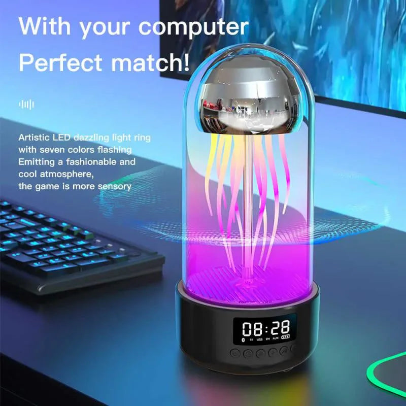 Grey pink purple Bluetooth speaker with jellyfish mood lighting effects and LED clock display screen
