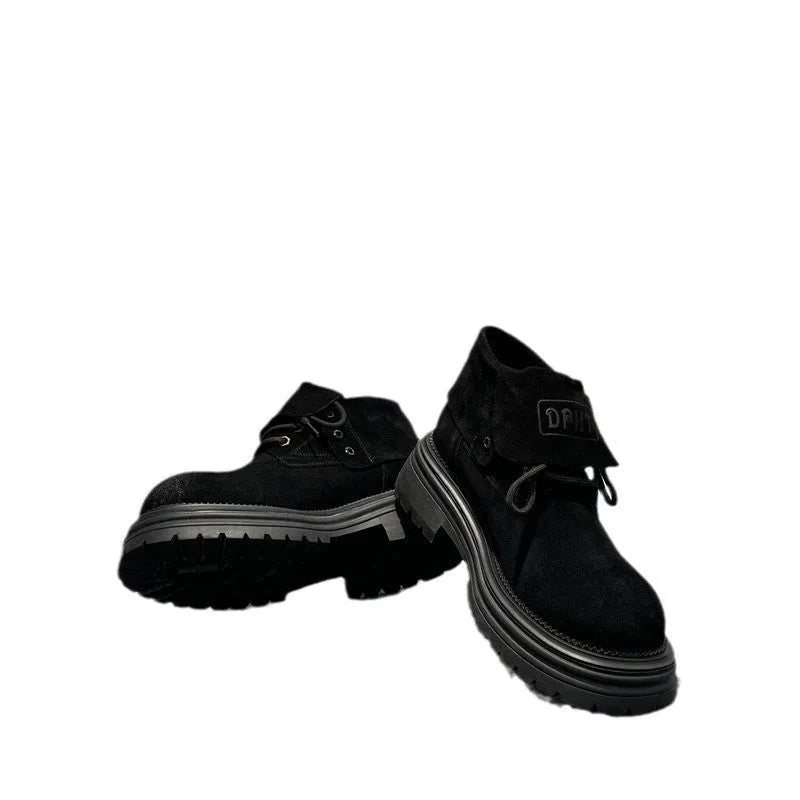 Men's retro distressed worker style platform boots in cow suede with two-way zip fastening