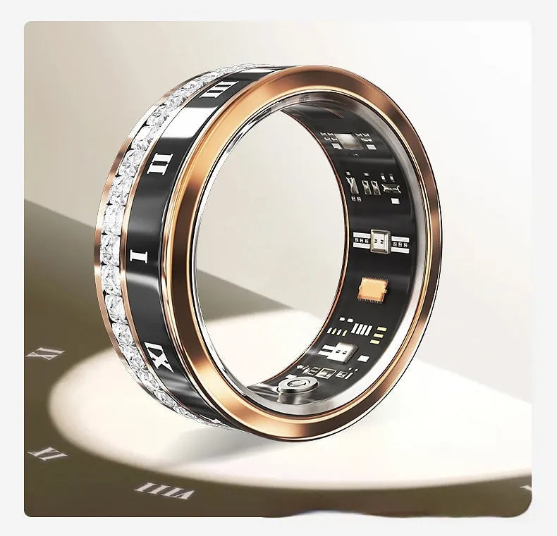 Silver and gold diamond smart rings for blood oxygen monitoring on a finger