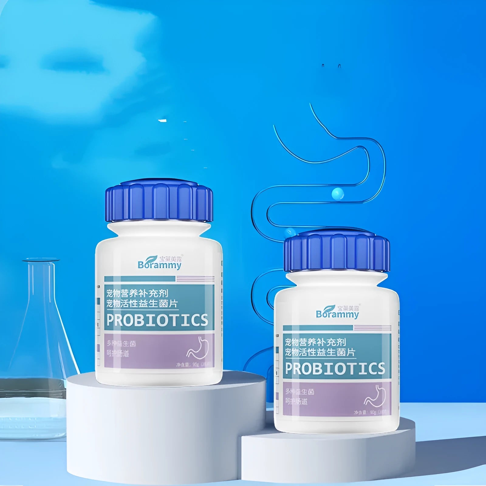 Bottle of 180 pet probiotic tablets for dog and cat digestive health care.