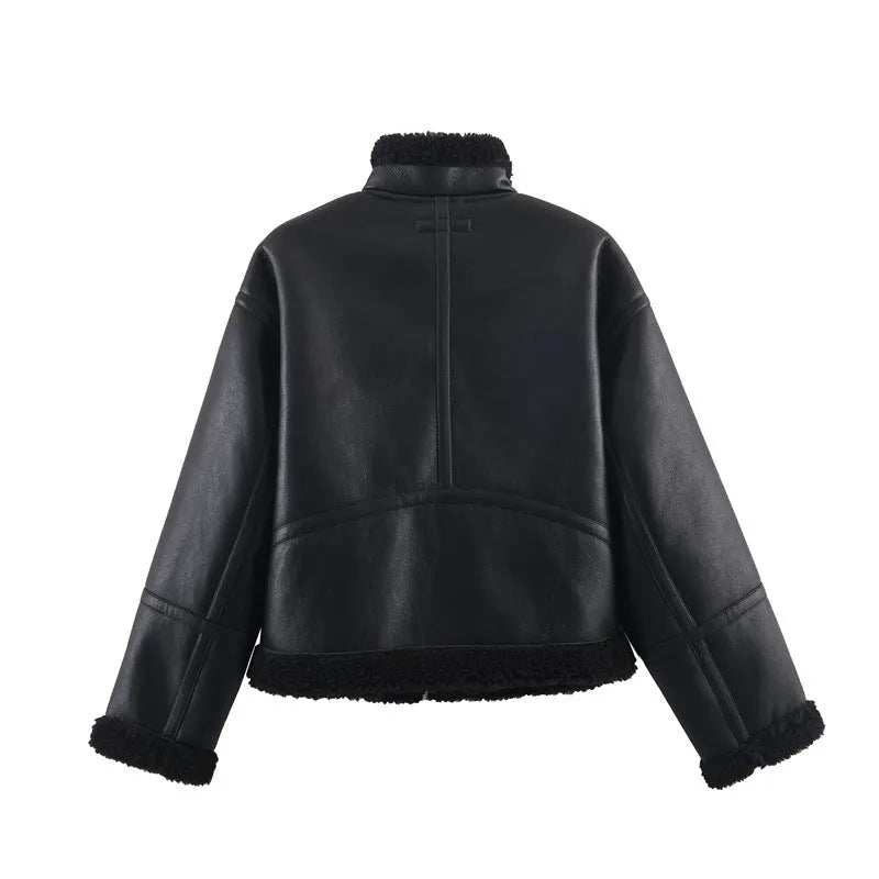 Women's double-sided fleece jacket black reversible casual PU fabric medium thickness