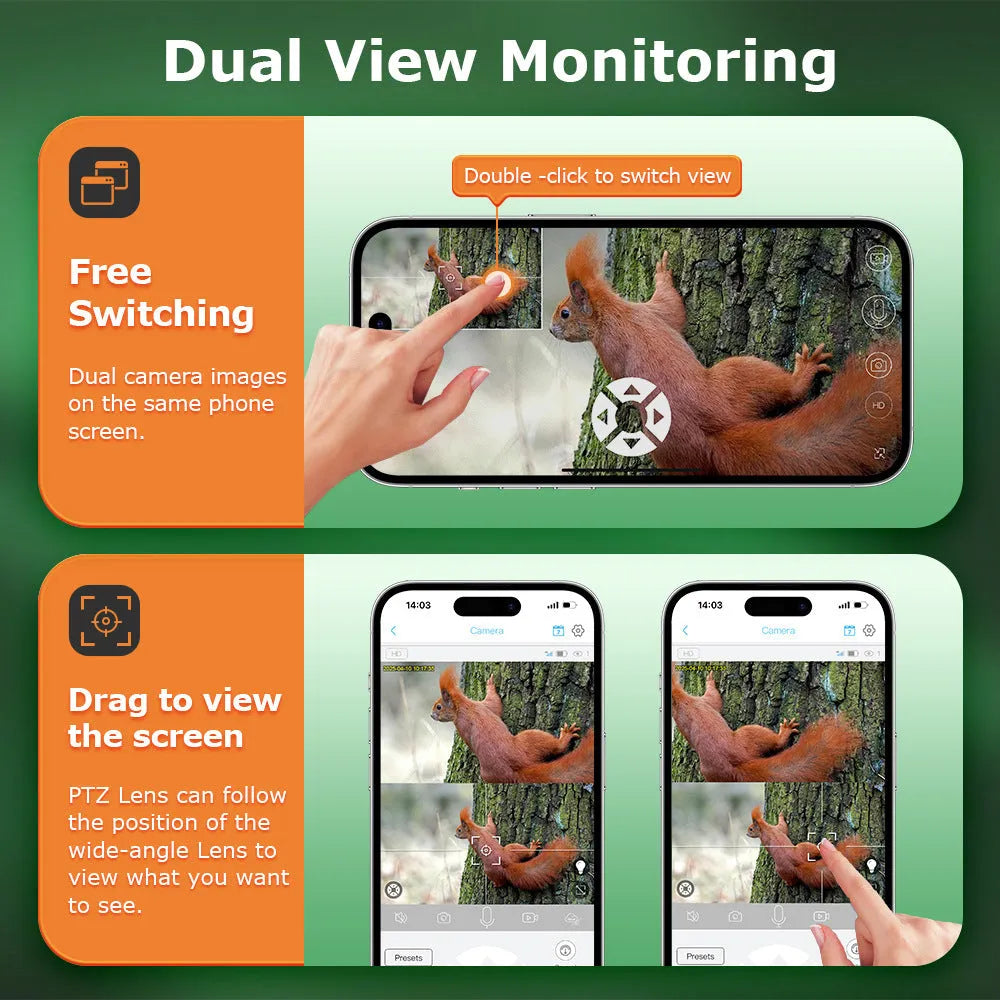 6MP solar surveillance camera with IP66 rating, dual screen, and ceiling mount for outdoor use
