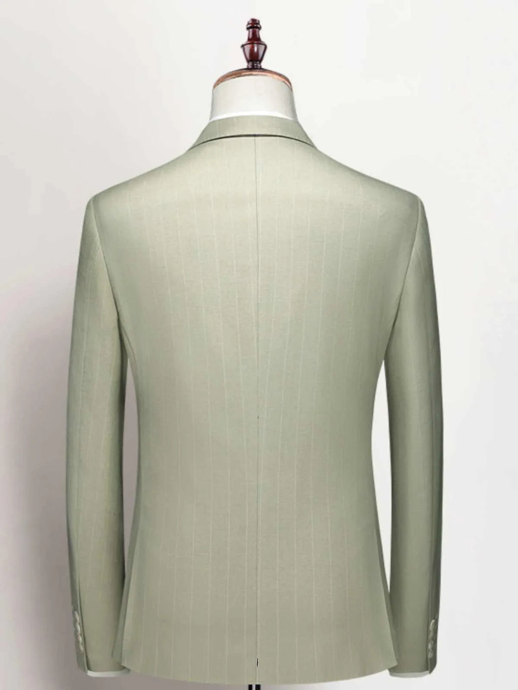 Men's light green 3-piece formal suit set with jacket, vest, and trousers, polyester viscose blend, flat collar