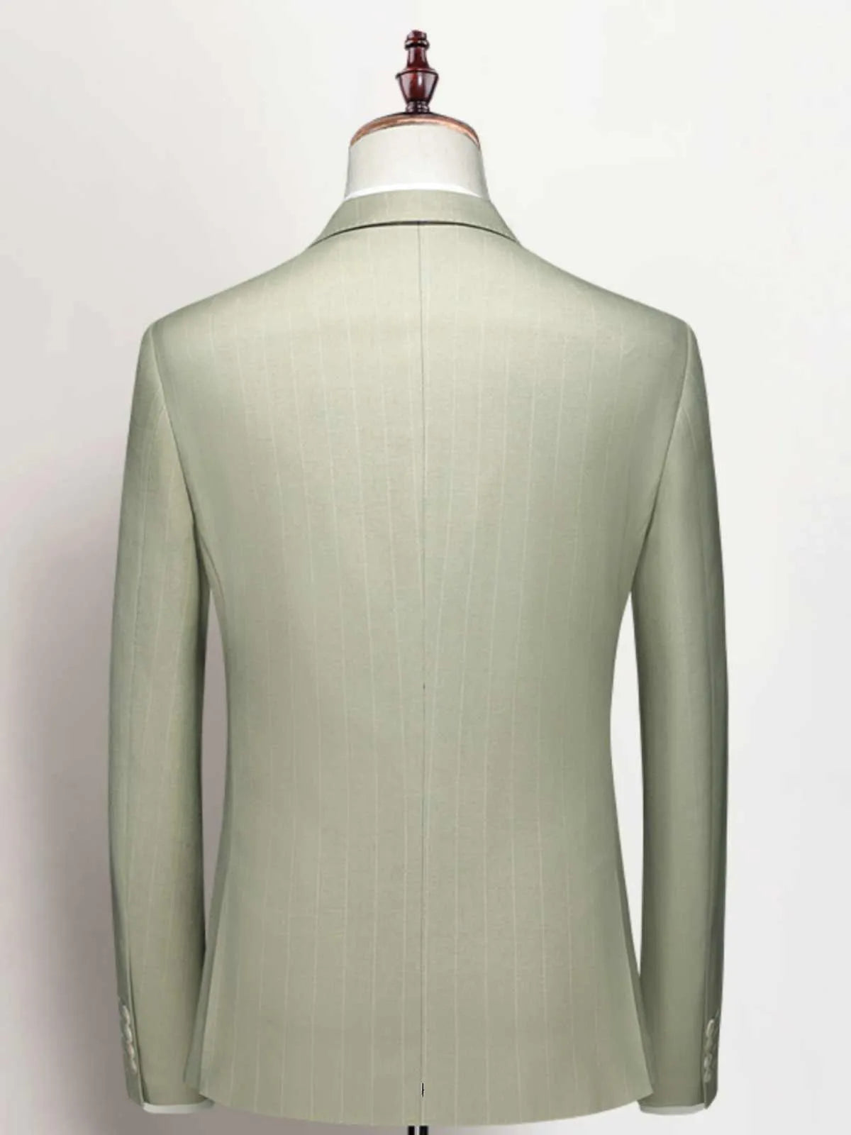 Men's light green 3-piece formal suit set with jacket, vest, and trousers, polyester viscose blend, flat collar