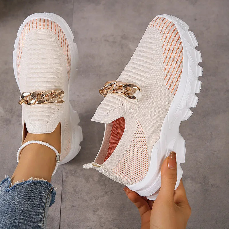 Women's beige breathable fly weaving mesh slip-on shoes with EVA sole and chunky heel