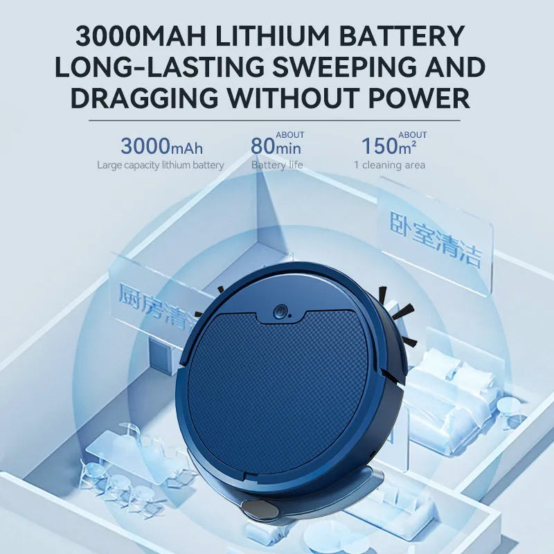 Intelligent sweeping robot with large water tank and 2000 Pa suction in black on hardwood floor