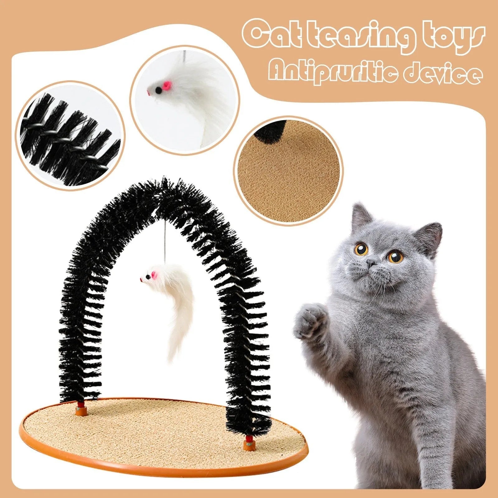 Black arch-shaped cat grooming brush with attached mouse toy on non-slip base