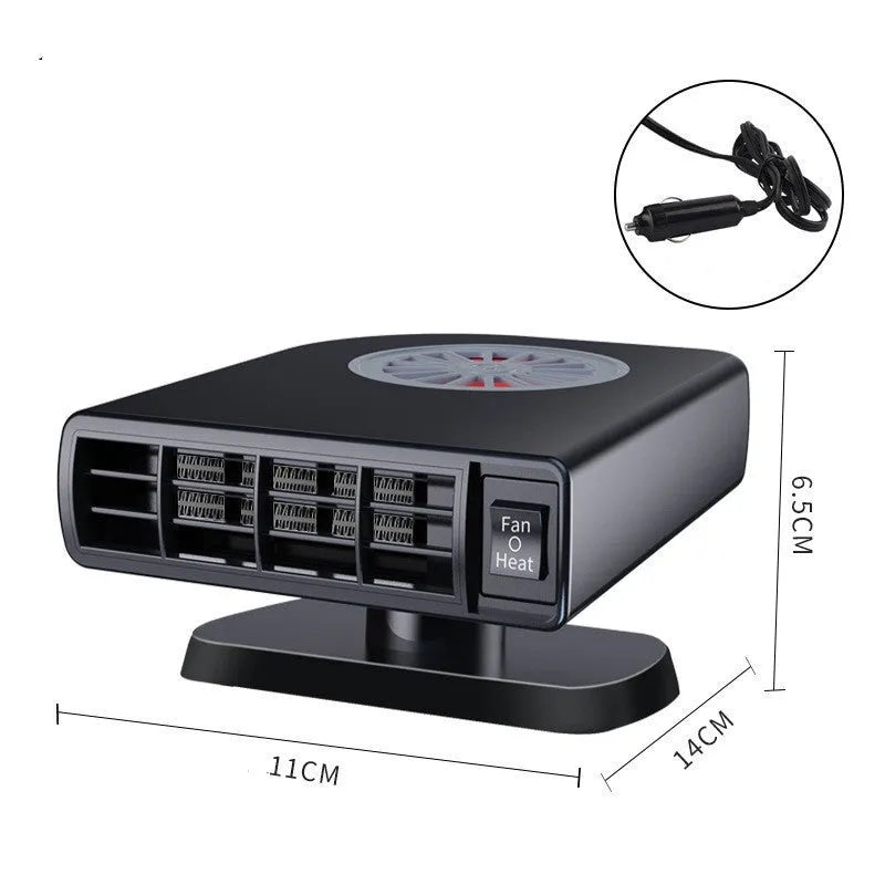 Black compact vehicle-mounted heater with adjustable vents on a car dashboard.