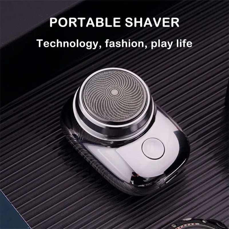Mini portable USB rechargeable electric shaver with rotary 1-blade head, aluminium body, silver colour, wet and dry use