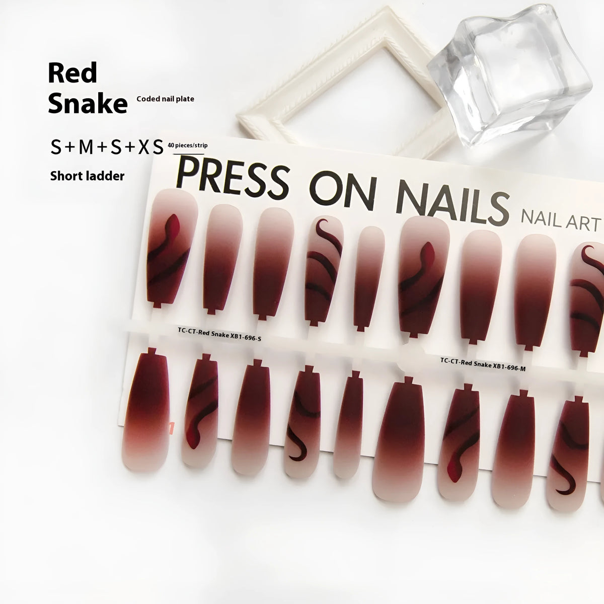 Red snake XB1-696 gradient armour wear nail stickers, 40-piece set across 4 pairs, long ladder shape