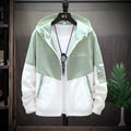 Men's hooded sun protection coat in blue, thin polyester fabric with long sleeves and no collar, front view