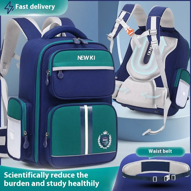 Children's waterproof canvas school backpack in solid colour with curved shoulder straps and spine protection