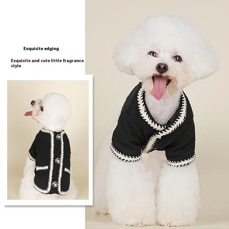 Cartoon-style quilted dog coat in light purple, sized for a medium dog.