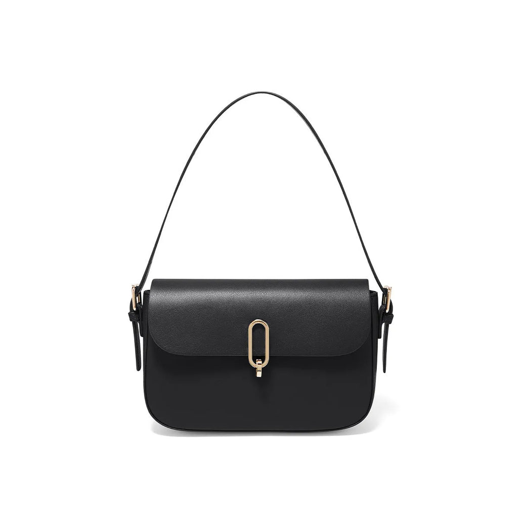 Black genuine leather square messenger bag with lock closure and shoulder strap