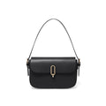 Black genuine leather square messenger bag with lock closure and shoulder strap