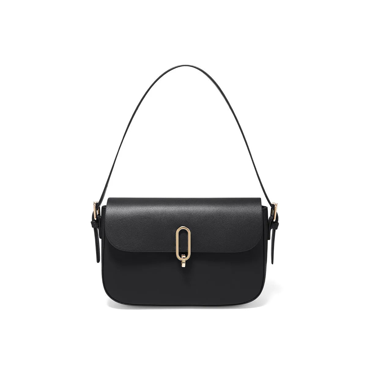 Black genuine leather square messenger bag with lock closure and shoulder strap