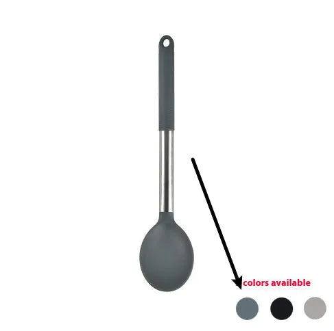 12-piece black silicone kitchen utensil set with tools stored in a rotating countertop storage bucket