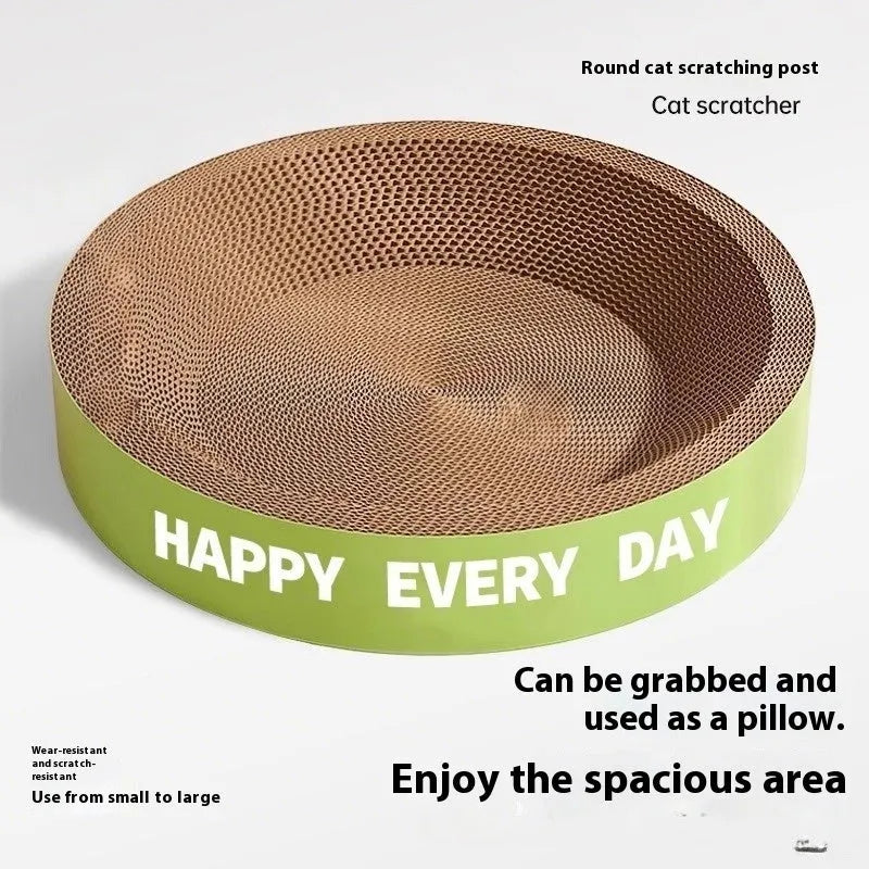 Green round cat nest basket with integrated scratching surface, 50cm wide.