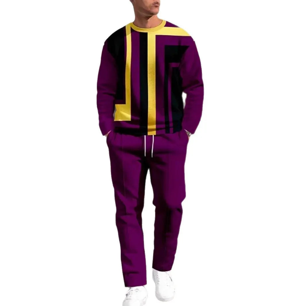Men's 3D digital print sweatshirt and sweatpants set, long sleeve round neck top with full-length pants, polyester, S-6XL