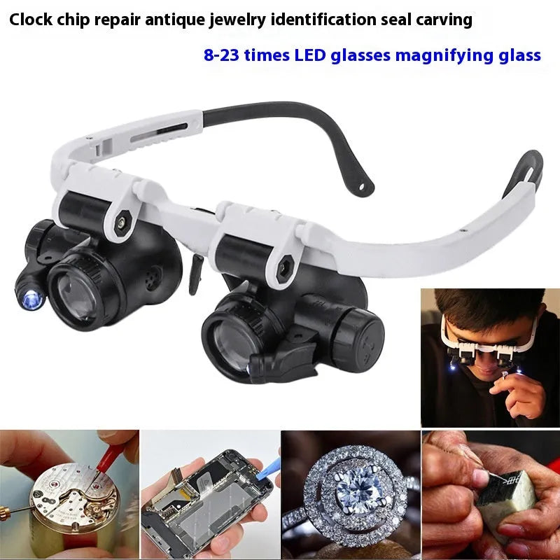 White head-mounted magnifying glass with LED light, shown folded and unfolded.