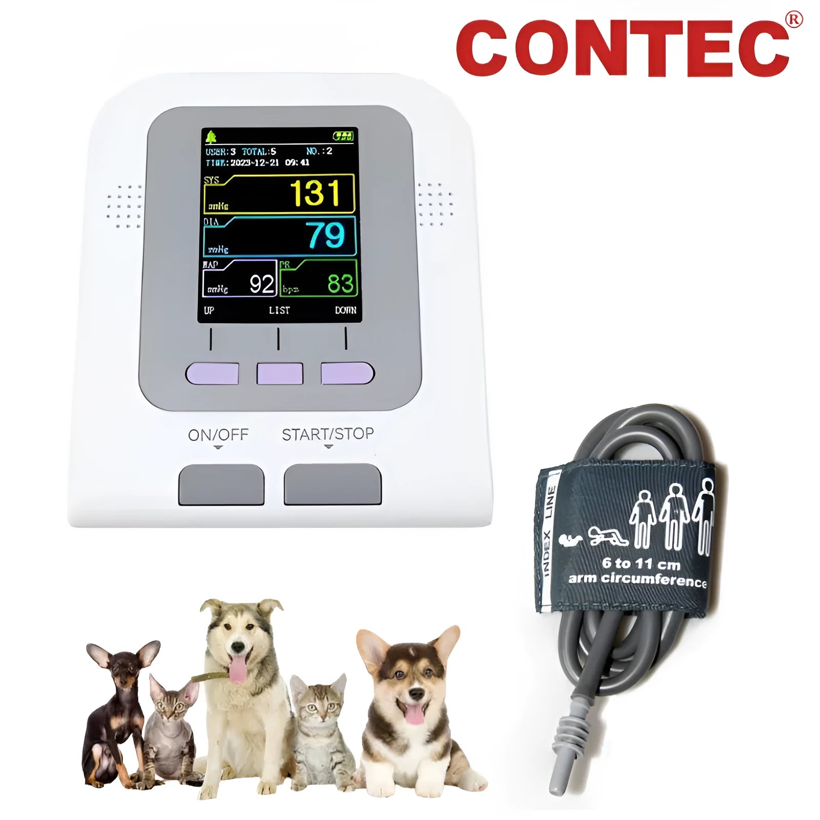 CONTEC08A veterinary digital blood pressure monitor with colour screen and three animal cuff sizes.