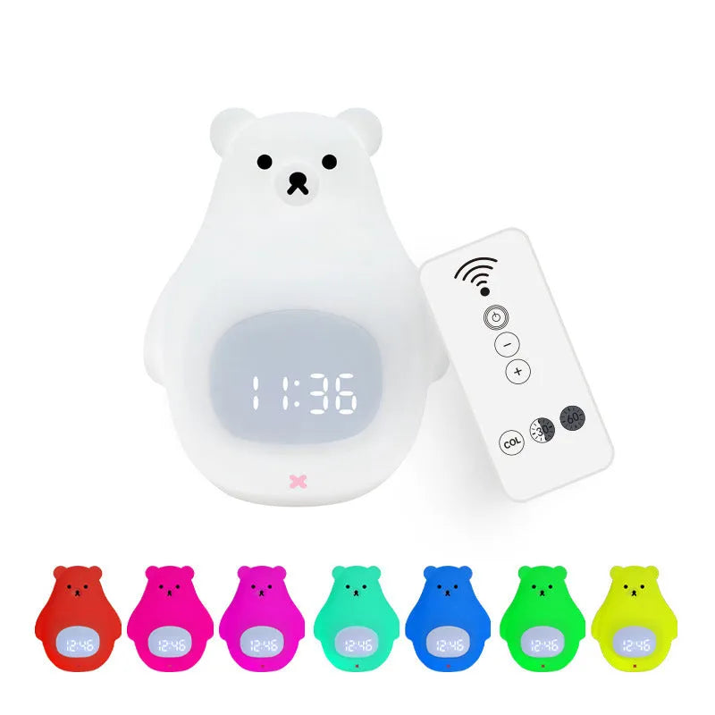 Big White Bear shaped silicone night light with remote control on a wooden bedside table