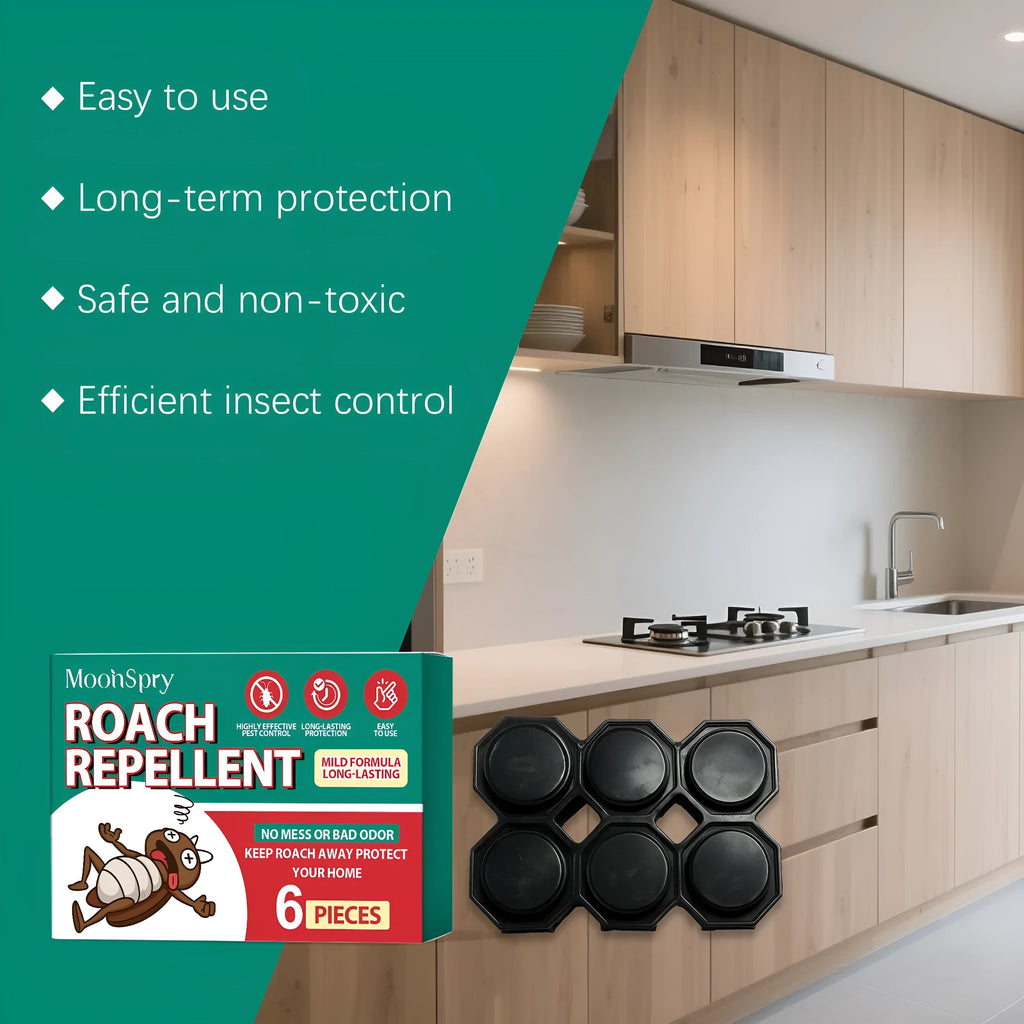 Six-piece cockroach bait house set for kitchen and bedroom household extermination with listed bait ingredients.