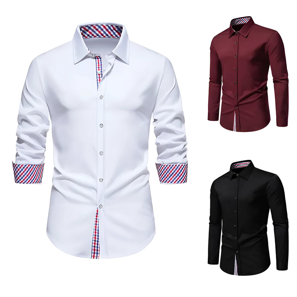 Men's loose-fitting plaid long sleeve casual shirt in a cardigan style, shown in a wine red colour.