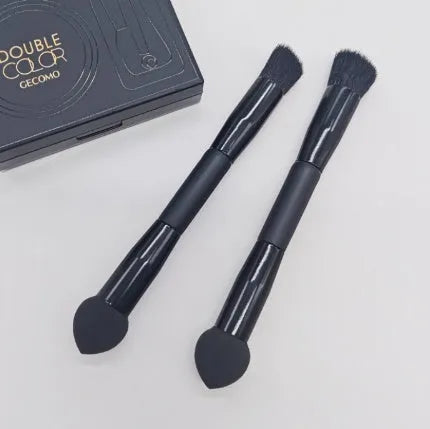 Double-headed miter sponge concealer makeup brush with black wooden handle