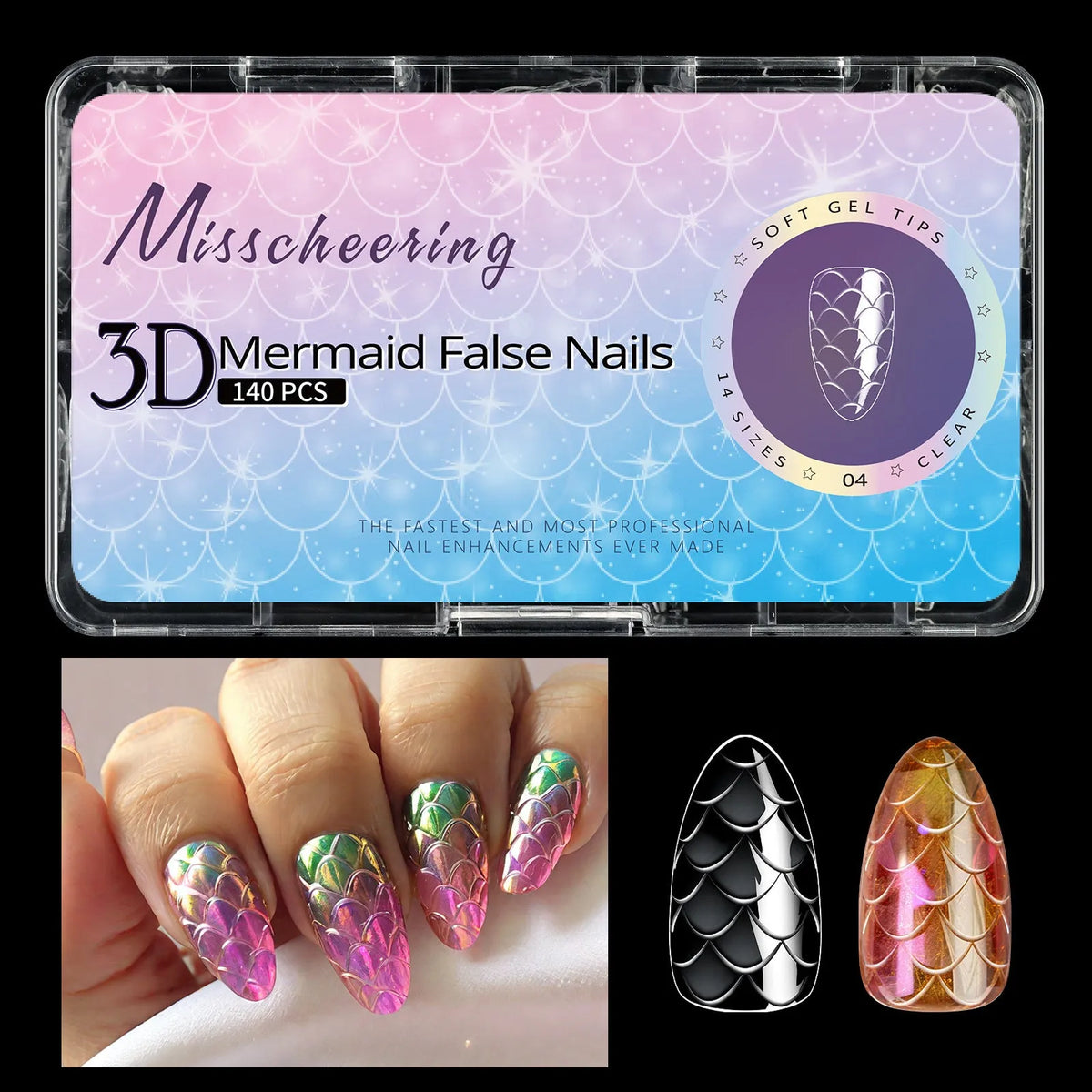 3D scale long shaping nail tips in colour-coded packaging for professional manicures