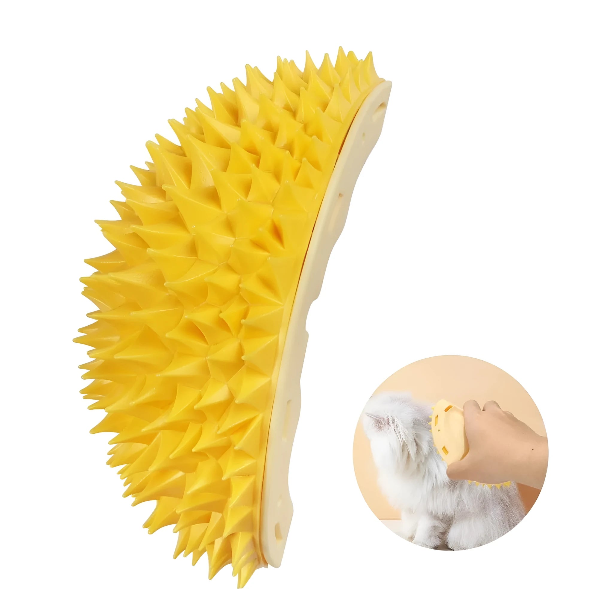 Yellow durian-shaped cat corner scratcher with comb teeth and cat mint packet mounted on wall