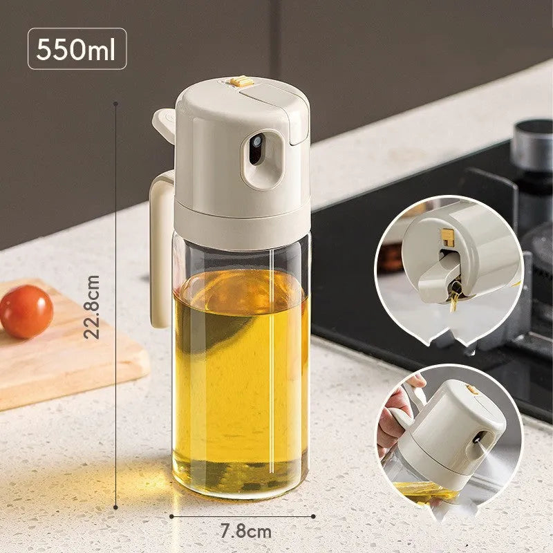 Warm grey 550ml glass oil sprayer bottle with switchable spray/pour cap on kitchen counter