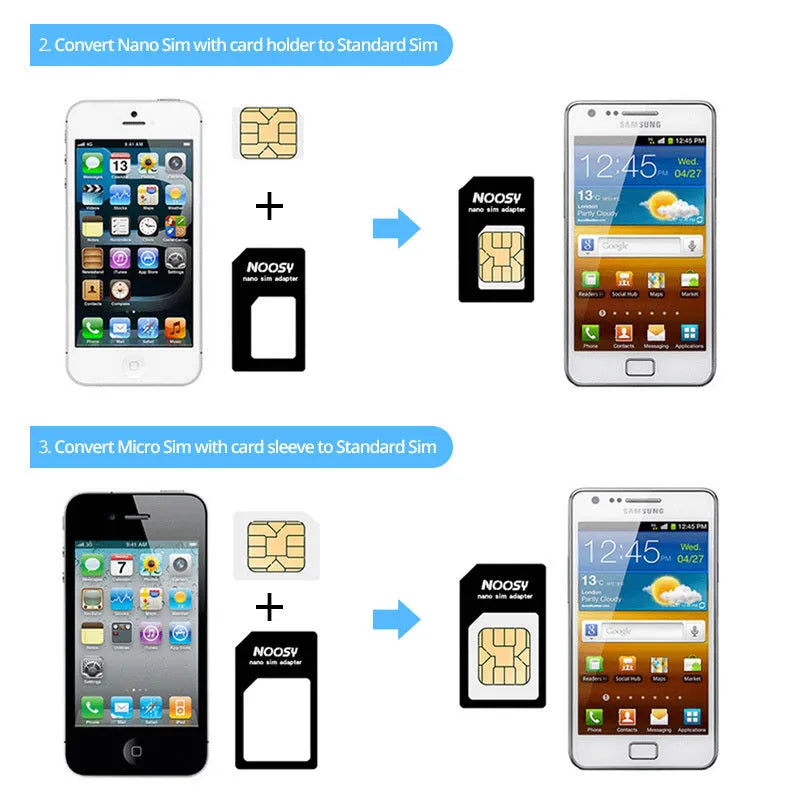Four-in-one SIM restore kit showing three plastic SIM adapters and a metal pickup pin