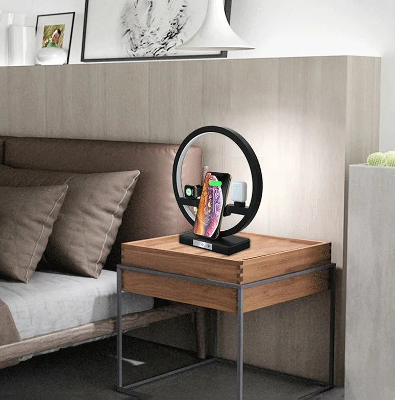 3 in 1 wireless charger stand with table lamp for phone watch and headset in black