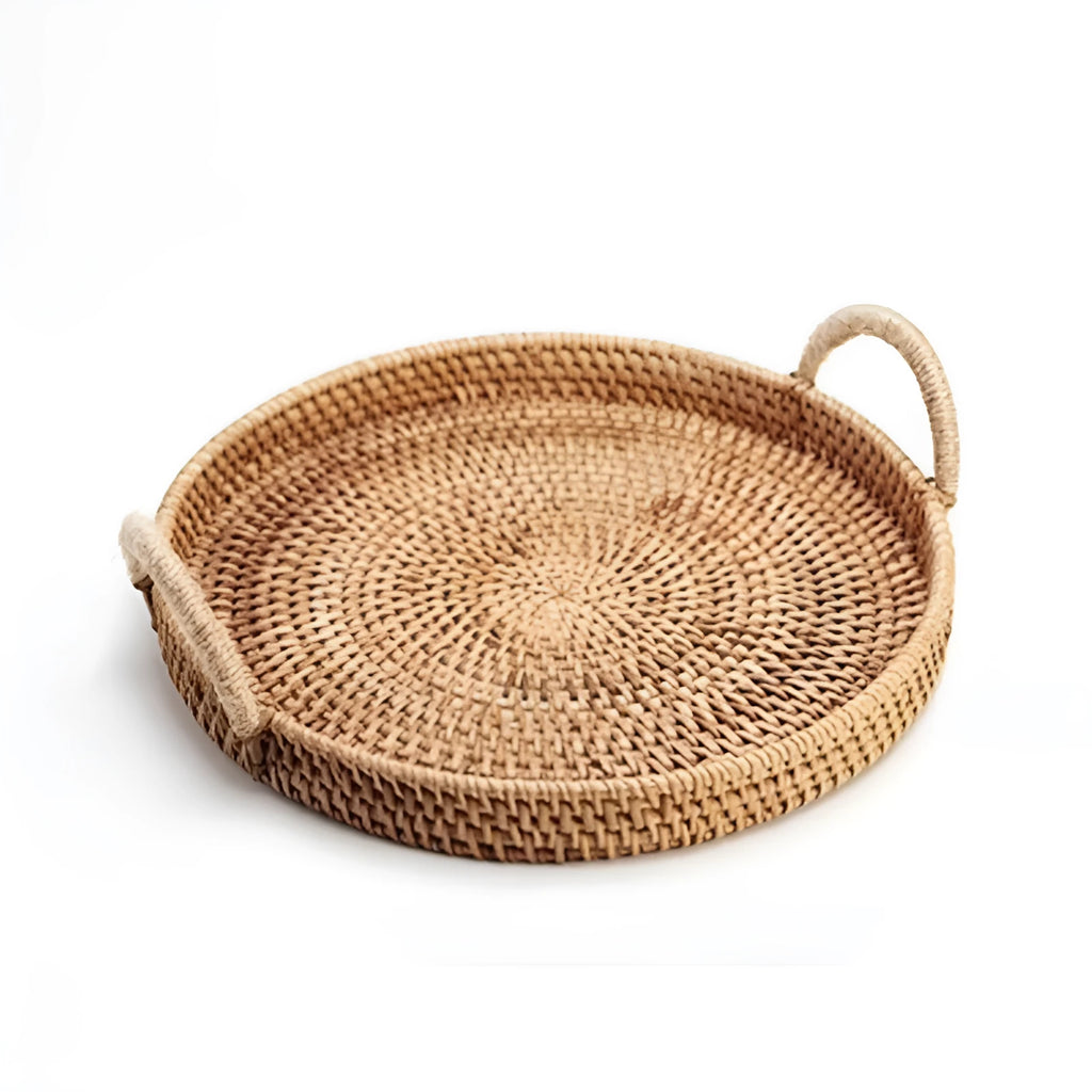 Round handwoven wicker basket with a wooden handle, shown in a natural colour