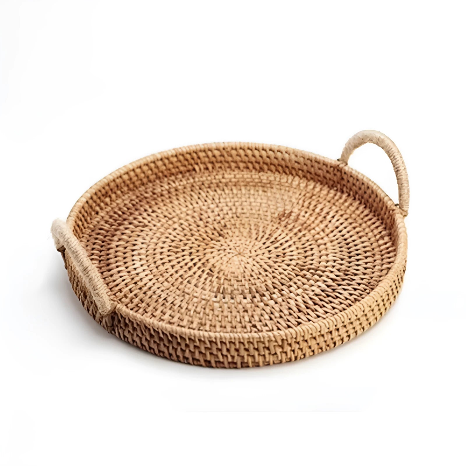 Round handwoven wicker basket with a wooden handle, shown in a natural colour