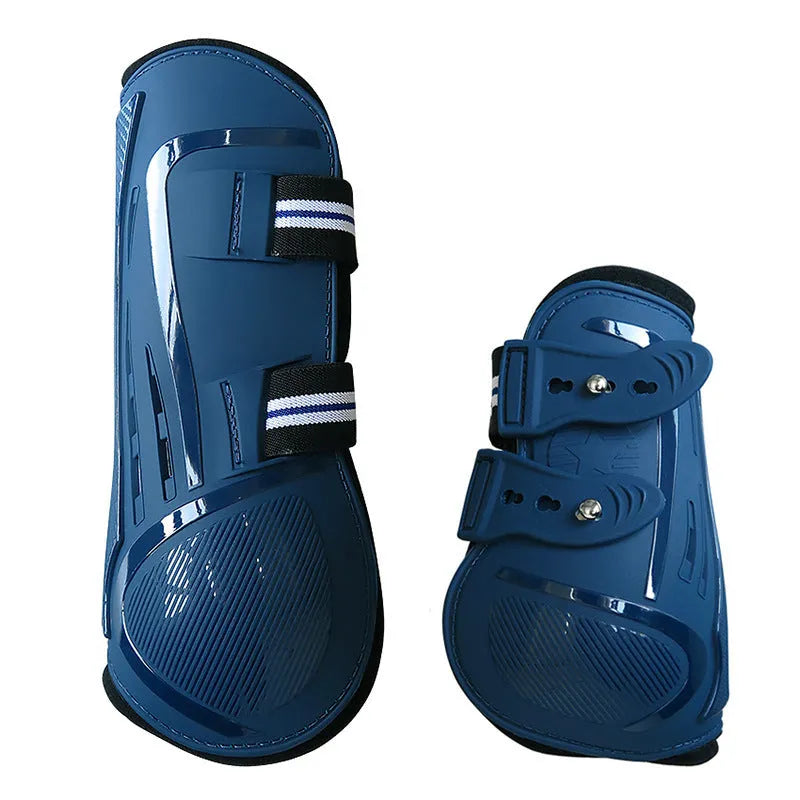 No 9 Colour Barrier horse leg guards showing hard PU shell, neoprene lining, and air holes in a blue set.