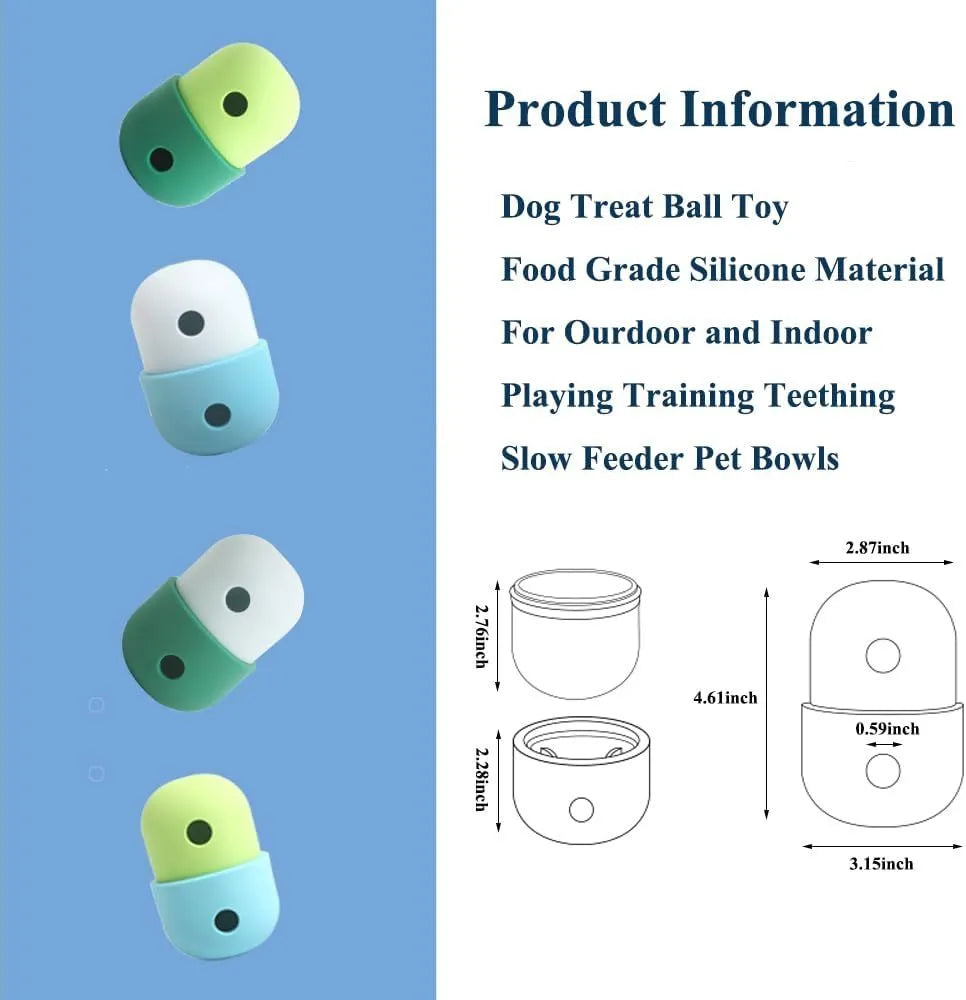 Food grade silicone dog puzzle treat ball in blue and white, shown next to dog treats.