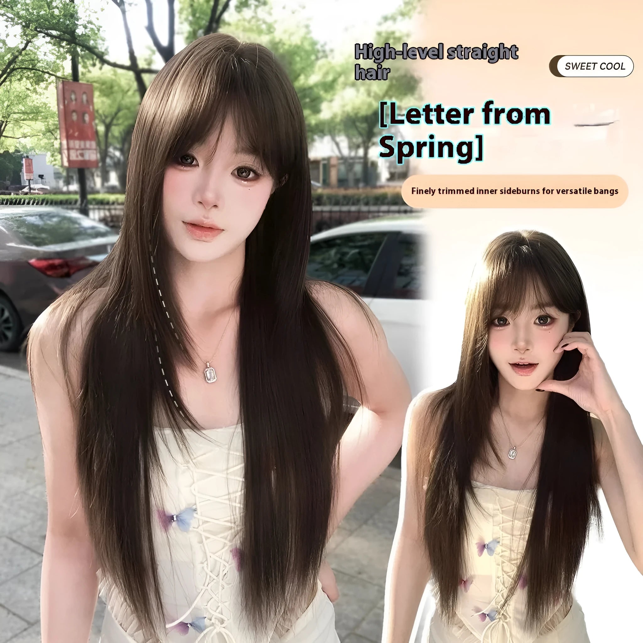 Brown black ladies wig with built-in hair net, seven-piece high-temperature fibre construction