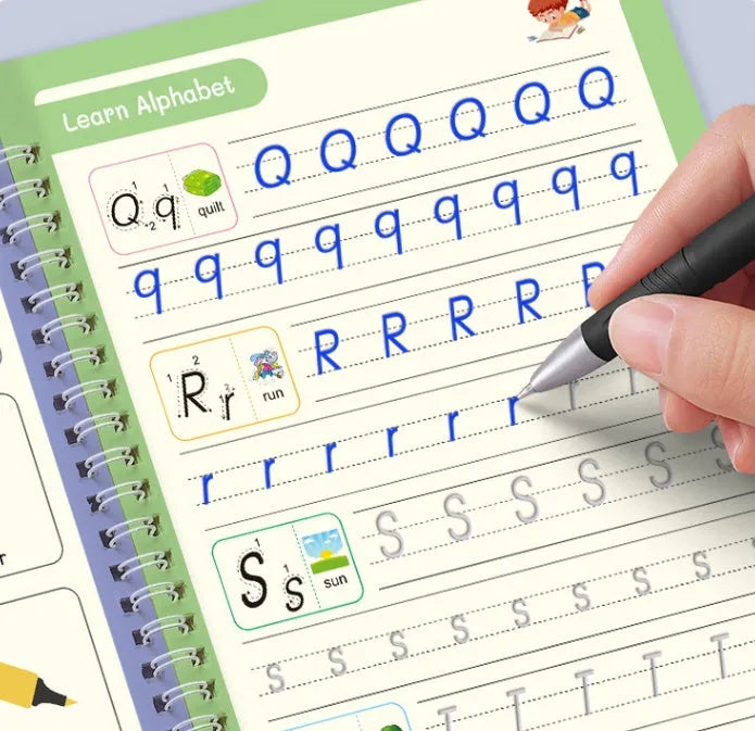 Children's English calligraphy practice set showing notched groove pen, ten refills, and double-sided practice cards