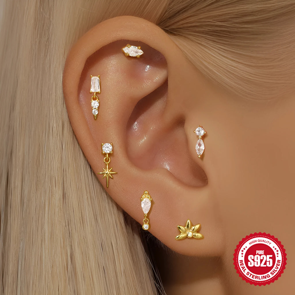 S925 sterling silver ear stud with gold electroplated finish and inlaid tassel design