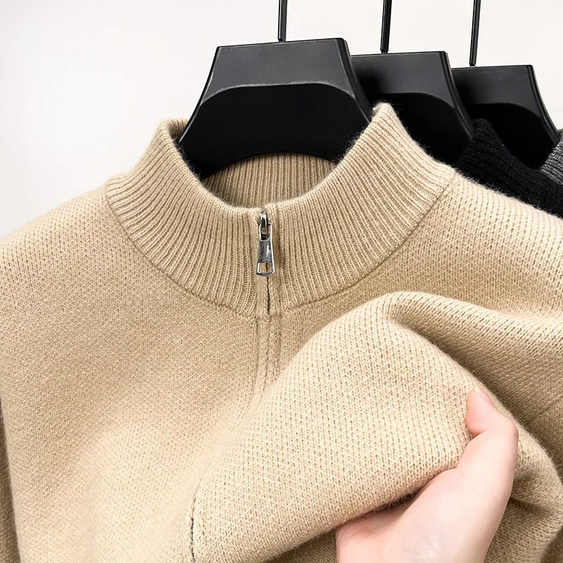 Men's black stand collar knitted cardigan with front zipper in loose fit